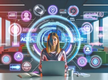 Junge Marketing-Expertin im modernen digitalen Büro vor mehreren Bildschirmen mit Datenanalysen, Social-Media-Feeds und KI-Tools, umgeben von holografischen Diagrammen und Content-Icons.