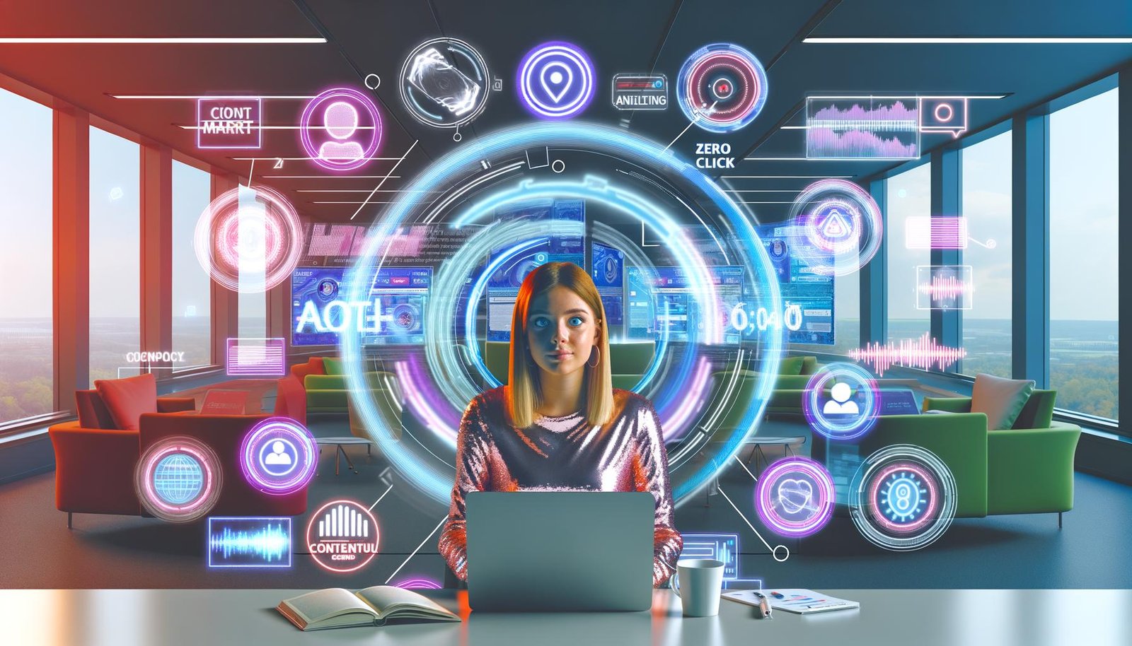 Junge Marketing-Expertin im modernen digitalen Büro vor mehreren Bildschirmen mit Datenanalysen, Social-Media-Feeds und KI-Tools, umgeben von holografischen Diagrammen und Content-Icons.