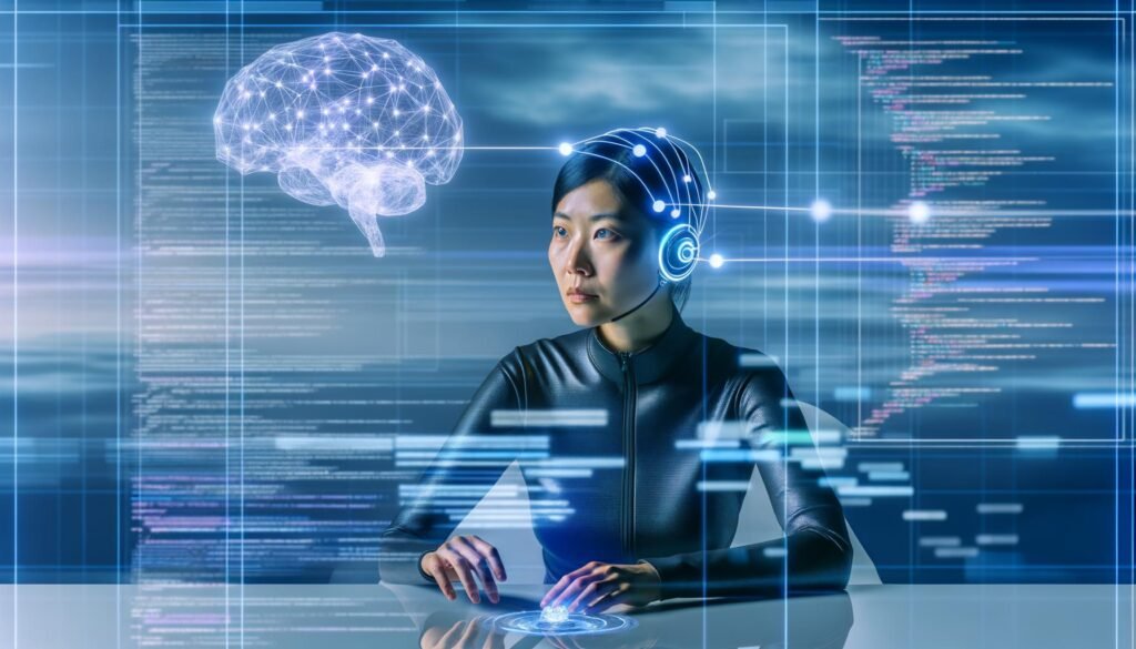 Person mit EEG-Headset an modernem Arbeitsplatz, umgeben von digitalen Codes, Webtexten und futuristischen Datenströmen vor transparenten UI-Elementen und Hirnwellenmustern