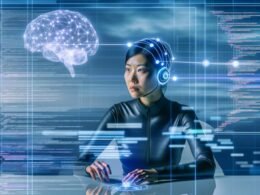 Person mit EEG-Headset an modernem Arbeitsplatz, umgeben von digitalen Codes, Webtexten und futuristischen Datenströmen vor transparenten UI-Elementen und Hirnwellenmustern