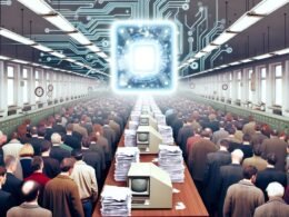 Deutsches Behördenbüro: Wartende Menschen in langen Schlangen, viele Papierstapel, schwebende digitale ID-Karte als Symbol für Modernisierung.