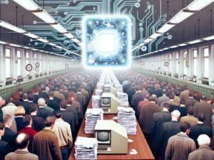 Deutsches Behördenbüro: Wartende Menschen in langen Schlangen, viele Papierstapel, schwebende digitale ID-Karte als Symbol für Modernisierung.