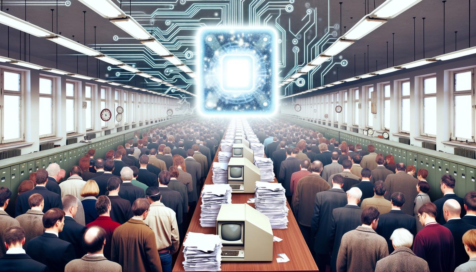 Deutsches Behördenbüro: Wartende Menschen in langen Schlangen, viele Papierstapel, schwebende digitale ID-Karte als Symbol für Modernisierung.