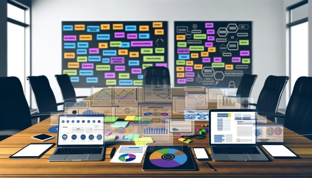 Digital ausgestatteter Schreibtisch mit mehreren Geräten und Content-Marketing-Dashboard, flankiert von Whiteboards mit Post-its zu Themen, Zielen, Personas und SEO.