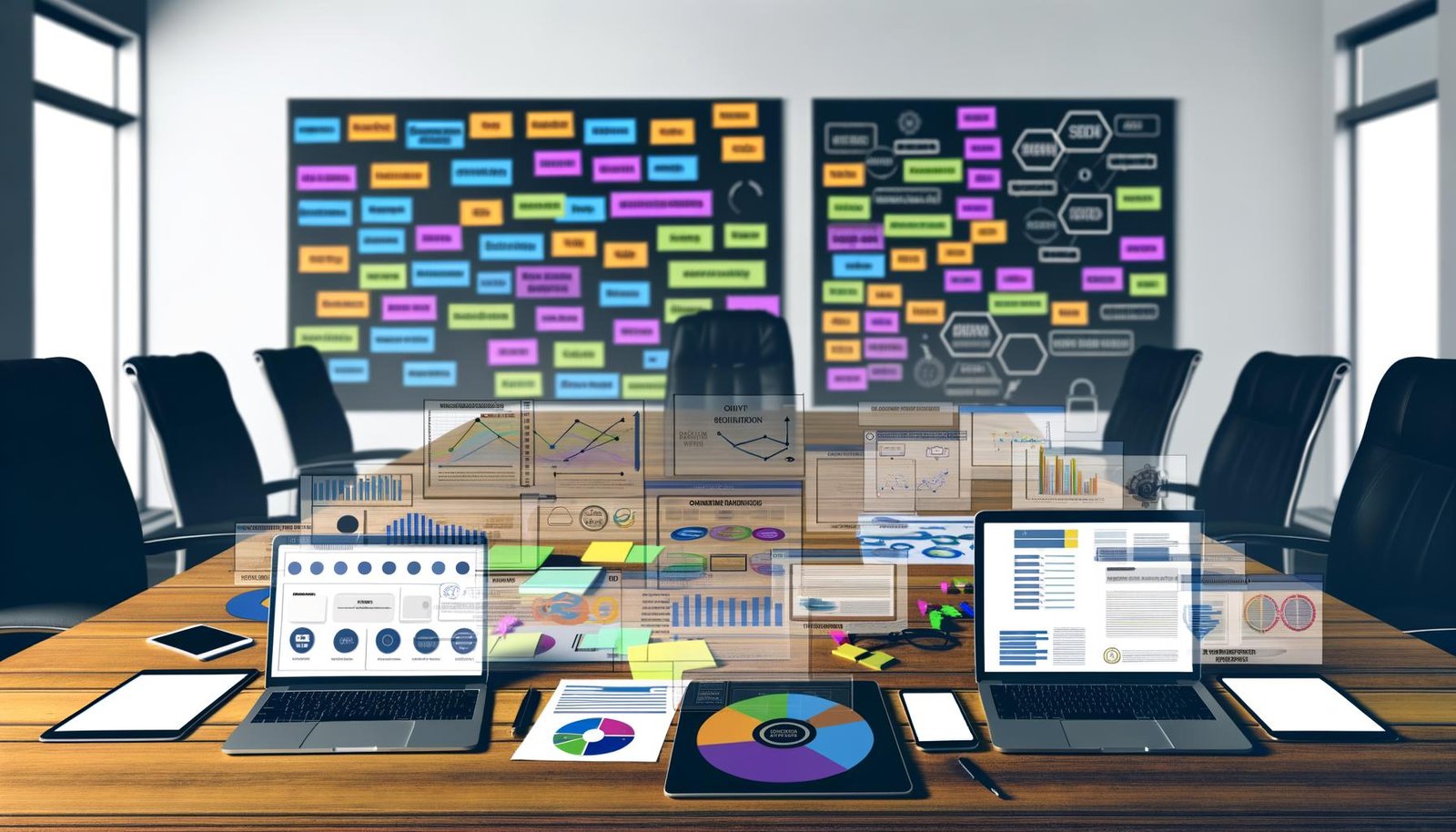 Digital ausgestatteter Schreibtisch mit mehreren Geräten und Content-Marketing-Dashboard, flankiert von Whiteboards mit Post-its zu Themen, Zielen, Personas und SEO.