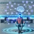 Entwickler mit Neural-Interface-Headset sitzt in einem futuristischen Arbeitsbereich. Code, Icons und Inhaltsblöcke strömen als leuchtendes Netzwerk aus dem Headset, umgeben von transparenten Bildschirmen und fließenden Datenlinien.