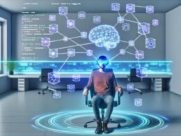 Entwickler mit Neural-Interface-Headset sitzt in einem futuristischen Arbeitsbereich. Code, Icons und Inhaltsblöcke strömen als leuchtendes Netzwerk aus dem Headset, umgeben von transparenten Bildschirmen und fließenden Datenlinien.