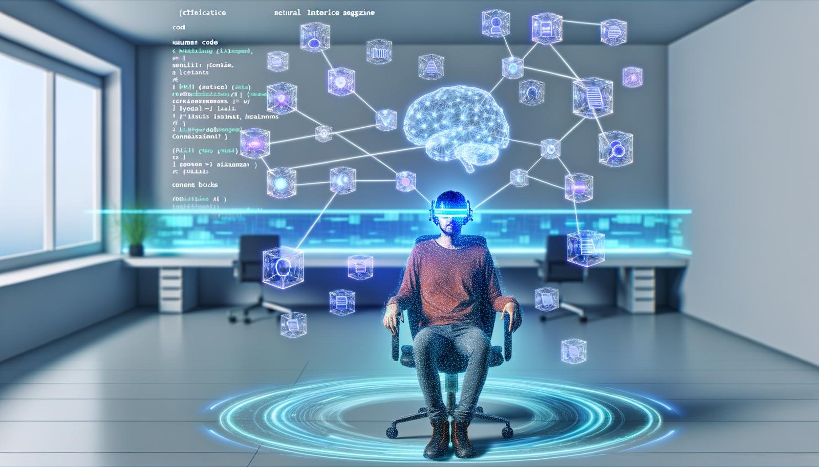 Entwickler mit Neural-Interface-Headset sitzt in einem futuristischen Arbeitsbereich. Code, Icons und Inhaltsblöcke strömen als leuchtendes Netzwerk aus dem Headset, umgeben von transparenten Bildschirmen und fließenden Datenlinien.