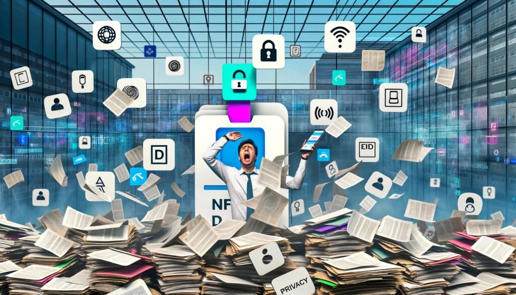 Person hält NFC-Personalausweis an Smartphone, umgeben von Akten, Papierstapeln und digitalen Symbolen wie Blockchain und eID-App; im Hintergrund deutsche Amtsgebäude und Datenschutzlogos.