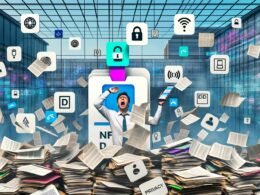 Person hält NFC-Personalausweis an Smartphone, umgeben von Akten, Papierstapeln und digitalen Symbolen wie Blockchain und eID-App; im Hintergrund deutsche Amtsgebäude und Datenschutzlogos.