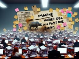 Überfordertes Team in einem unordentlichen Büro mit Papierstapeln, leuchtenden Monitoren, Wandkalender mit gestrichenem Termin und unbeachteter Blogpost im Hintergrund