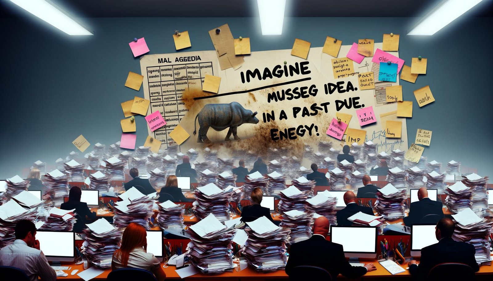 Überfordertes Team in einem unordentlichen Büro mit Papierstapeln, leuchtenden Monitoren, Wandkalender mit gestrichenem Termin und unbeachteter Blogpost im Hintergrund