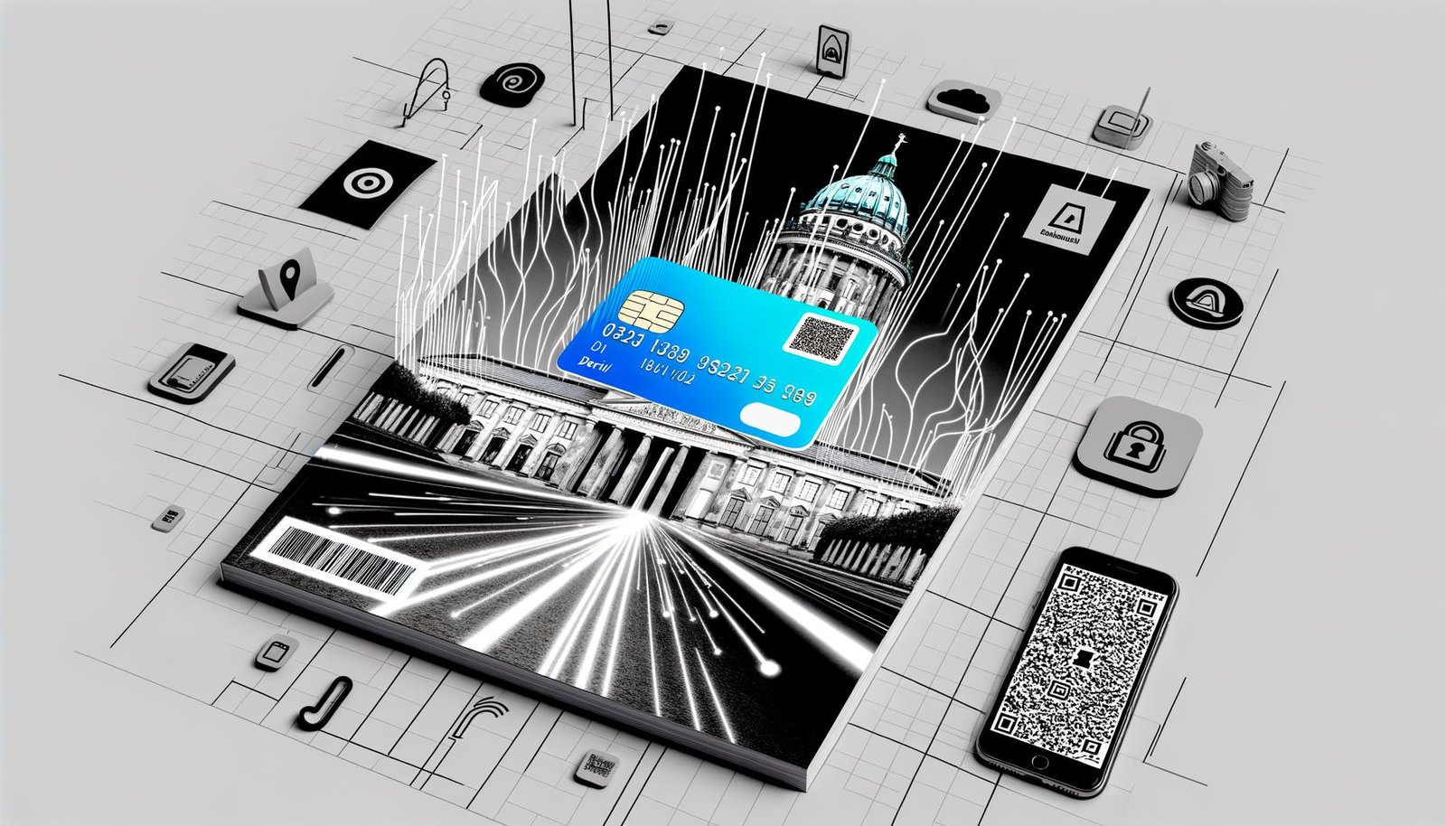 Stilisiertes Titelbild mit digitalem Personalausweis, Datenströmen, QR-Codes, App-Icons und Verwaltungsgebäuden in Berlin, symbolisch für den Wandel von analoger zu digitaler Identifikation.