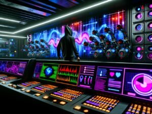 Cyberpunk-Kontrollraum mit blinkenden Konsolen, einer Person im Hoodie vor Marketing-Dashboards und Roboterarmen, die digitale Inhalte sortieren.