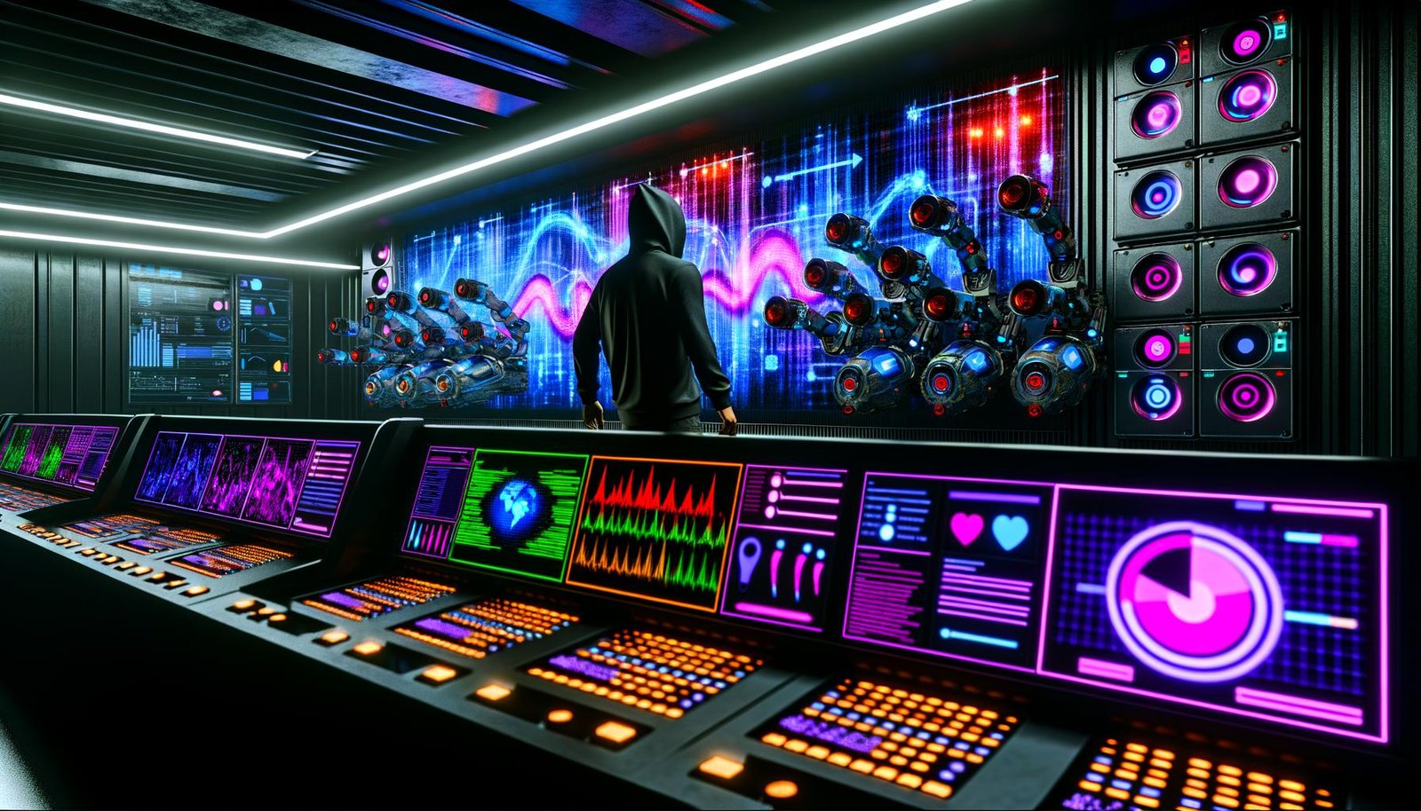 Cyberpunk-Kontrollraum mit blinkenden Konsolen, einer Person im Hoodie vor Marketing-Dashboards und Roboterarmen, die digitale Inhalte sortieren.