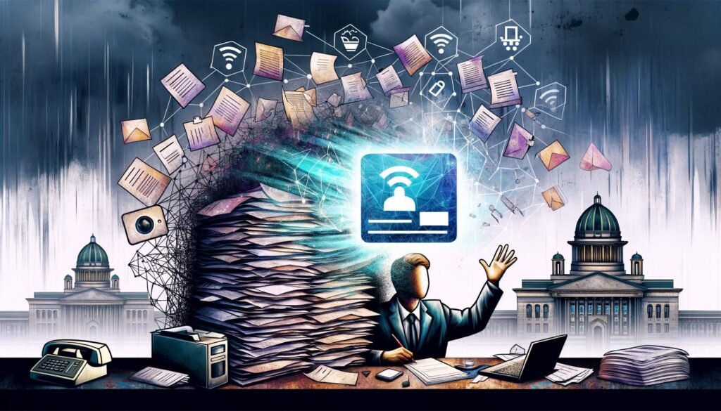 Abstrakte Szene: Ein Bürokrat mit Papierstapel, schwebender digitaler Ausweis, Reichstag und Brandenburger Tor im Hintergrund, umrundet von Netzwerkverbindungen und digitalen Symbolen.