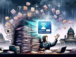 Abstrakte Szene: Ein Bürokrat mit Papierstapel, schwebender digitaler Ausweis, Reichstag und Brandenburger Tor im Hintergrund, umrundet von Netzwerkverbindungen und digitalen Symbolen.