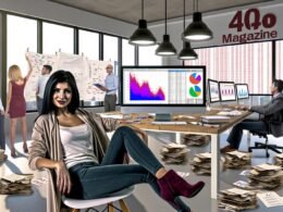 Junge Marketing-Expertin vor zwei Monitoren mit modernem R Markdown Report und chaotischen Excel-Daten in einem stylischen Büro, umgeben von gestressten Kollegen mit Papierbergen.