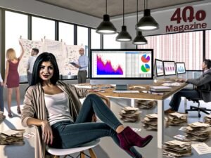 Junge Marketing-Expertin vor zwei Monitoren mit modernem R Markdown Report und chaotischen Excel-Daten in einem stylischen Büro, umgeben von gestressten Kollegen mit Papierbergen.