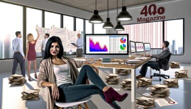 Junge Marketing-Expertin vor zwei Monitoren mit modernem R Markdown Report und chaotischen Excel-Daten in einem stylischen Büro, umgeben von gestressten Kollegen mit Papierbergen.