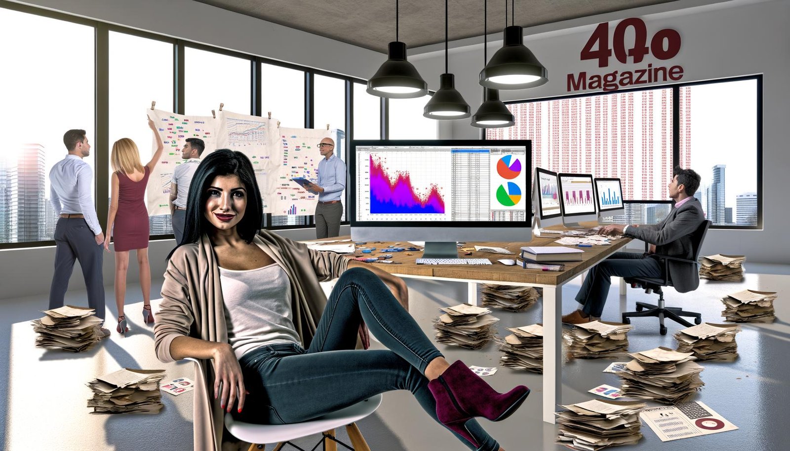 Junge Marketing-Expertin vor zwei Monitoren mit modernem R Markdown Report und chaotischen Excel-Daten in einem stylischen Büro, umgeben von gestressten Kollegen mit Papierbergen.