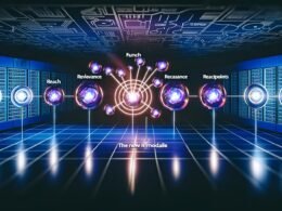 Futuristisches Marketing-Titelbild mit zerbröckelnden klassischen Begriffen am Rand und einem leuchtenden R Modell aus fünf vernetzten Kreisen im Zentrum vor technischen Servergrafiken.