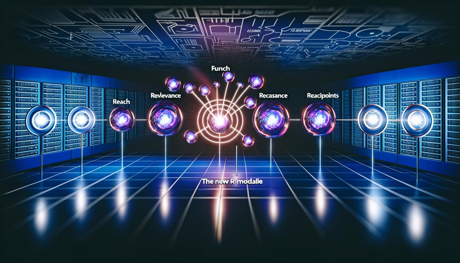 Futuristisches Marketing-Titelbild mit zerbröckelnden klassischen Begriffen am Rand und einem leuchtenden R Modell aus fünf vernetzten Kreisen im Zentrum vor technischen Servergrafiken.