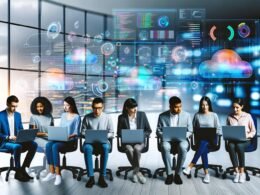 Eine vielfältige Gruppe junger Data Analysts arbeitet konzentriert an Laptops mit komplexen R-Codes und Diagrammen in einem hochmodernen, lichtdurchfluteten Büro mit Blick auf eine digital vernetzte Stadt.