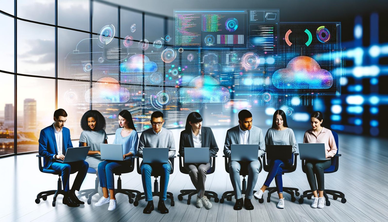 Eine vielfältige Gruppe junger Data Analysts arbeitet konzentriert an Laptops mit komplexen R-Codes und Diagrammen in einem hochmodernen, lichtdurchfluteten Büro mit Blick auf eine digital vernetzte Stadt.