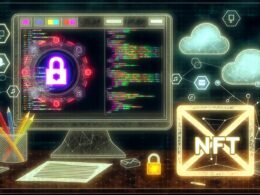 Futuristische Illustration eines Entwickler-Arbeitsplatzes mit Code-Editor, Blockchain-Dashboard, NFT-Symbol, digitalen Wallet-Logos und vernetzter Cloud.