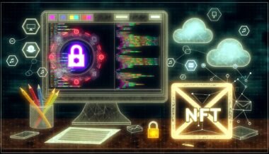Futuristische Illustration eines Entwickler-Arbeitsplatzes mit Code-Editor, Blockchain-Dashboard, NFT-Symbol, digitalen Wallet-Logos und vernetzter Cloud.