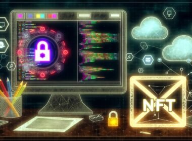 Futuristische Illustration eines Entwickler-Arbeitsplatzes mit Code-Editor, Blockchain-Dashboard, NFT-Symbol, digitalen Wallet-Logos und vernetzter Cloud.