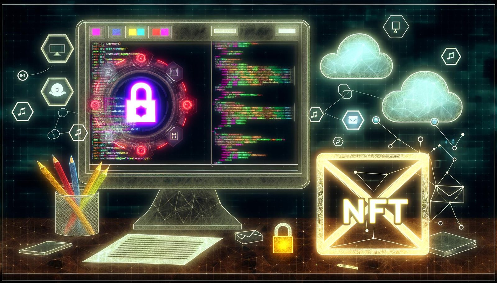 Futuristische Illustration eines Entwickler-Arbeitsplatzes mit Code-Editor, Blockchain-Dashboard, NFT-Symbol, digitalen Wallet-Logos und vernetzter Cloud.