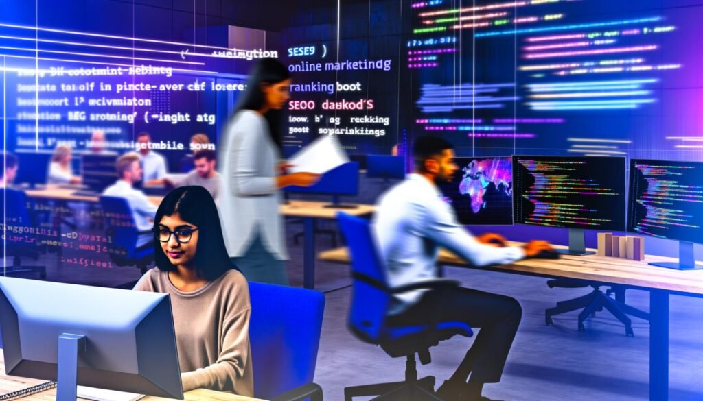 Dynamische Büroszene mit jungem Online-Marketing-Team vor Monitoren, Datenvisualisierung, R-Code und SEO-Dashboards, umgeben von Notizen zu R Optimierung und Big Data.