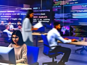 Dynamische Büroszene mit jungem Online-Marketing-Team vor Monitoren, Datenvisualisierung, R-Code und SEO-Dashboards, umgeben von Notizen zu R Optimierung und Big Data.