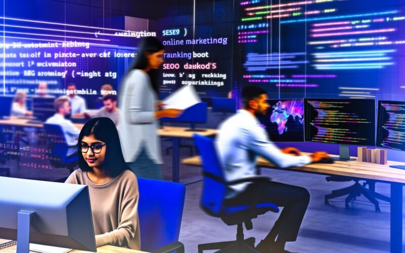 Dynamische Büroszene mit jungem Online-Marketing-Team vor Monitoren, Datenvisualisierung, R-Code und SEO-Dashboards, umgeben von Notizen zu R Optimierung und Big Data.