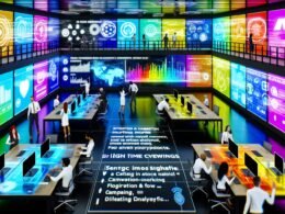 Futuristischer Co-Working-Space mit Marketern und Entwicklern, die vor großen digitalen Bildschirmen an Analytics und Kampagnen arbeiten