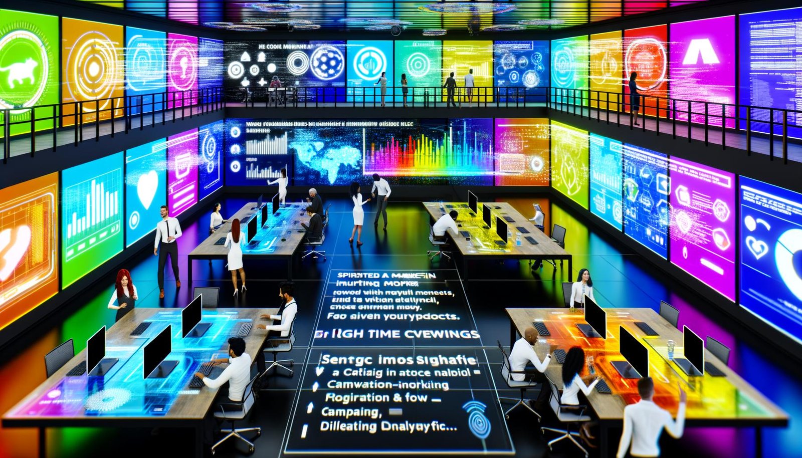Futuristischer Co-Working-Space mit Marketern und Entwicklern, die vor großen digitalen Bildschirmen an Analytics und Kampagnen arbeiten