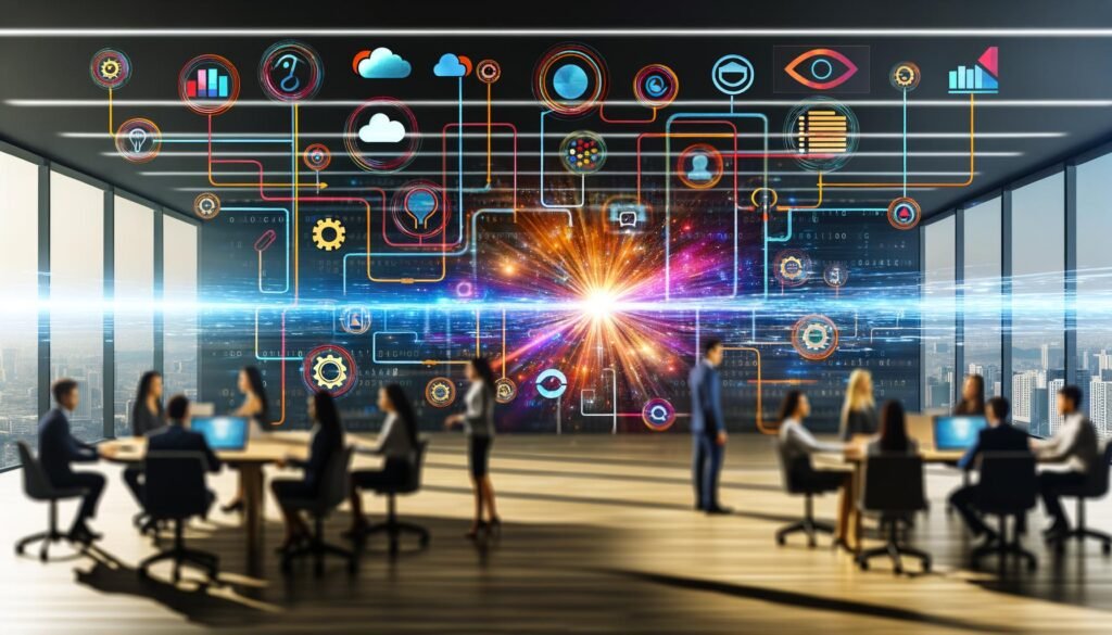 Futuristisches Marketing-Büro mit einem diversen Team vor digitalen Dashboards, Datenströme zwischen Analyse- und Cloud-Tools und einem leuchtenden R-Logo im Zentrum.