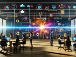 Futuristisches Marketing-Büro mit einem diversen Team vor digitalen Dashboards, Datenströme zwischen Analyse- und Cloud-Tools und einem leuchtenden R-Logo im Zentrum.