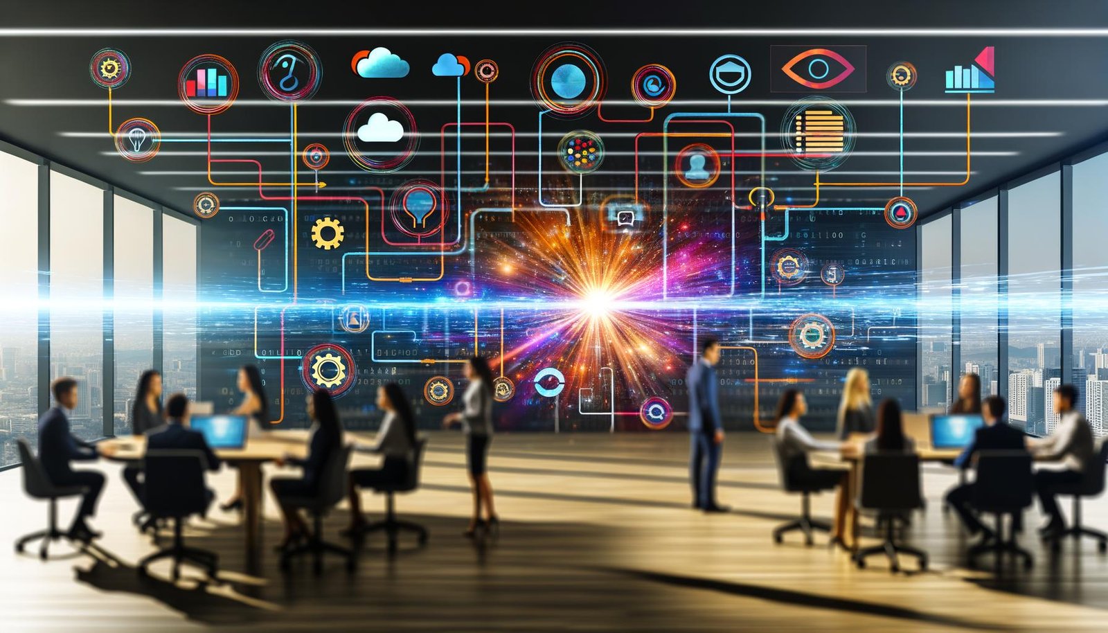 Futuristisches Marketing-Büro mit einem diversen Team vor digitalen Dashboards, Datenströme zwischen Analyse- und Cloud-Tools und einem leuchtenden R-Logo im Zentrum.