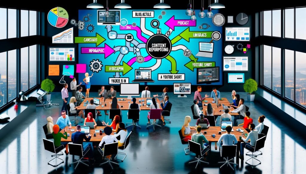 Vielfältiges Marketingteam nutzt große Bildschirm-Mindmap für Content-Repurposing im modernen Arbeitsumfeld mit 404 Magazine Branding.