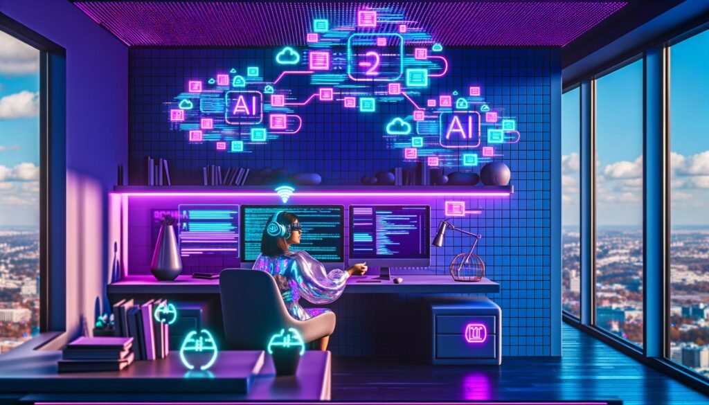 Futuristischer Arbeitsplatz mit Digital Creator an einem Schreibtisch, umgeben von holografischen Interfaces, leuchtendem Code, KI-Icons und modernen Geräten in blau-violettem Licht.