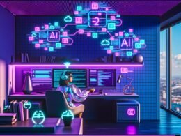 Futuristischer Arbeitsplatz mit Digital Creator an einem Schreibtisch, umgeben von holografischen Interfaces, leuchtendem Code, KI-Icons und modernen Geräten in blau-violettem Licht.