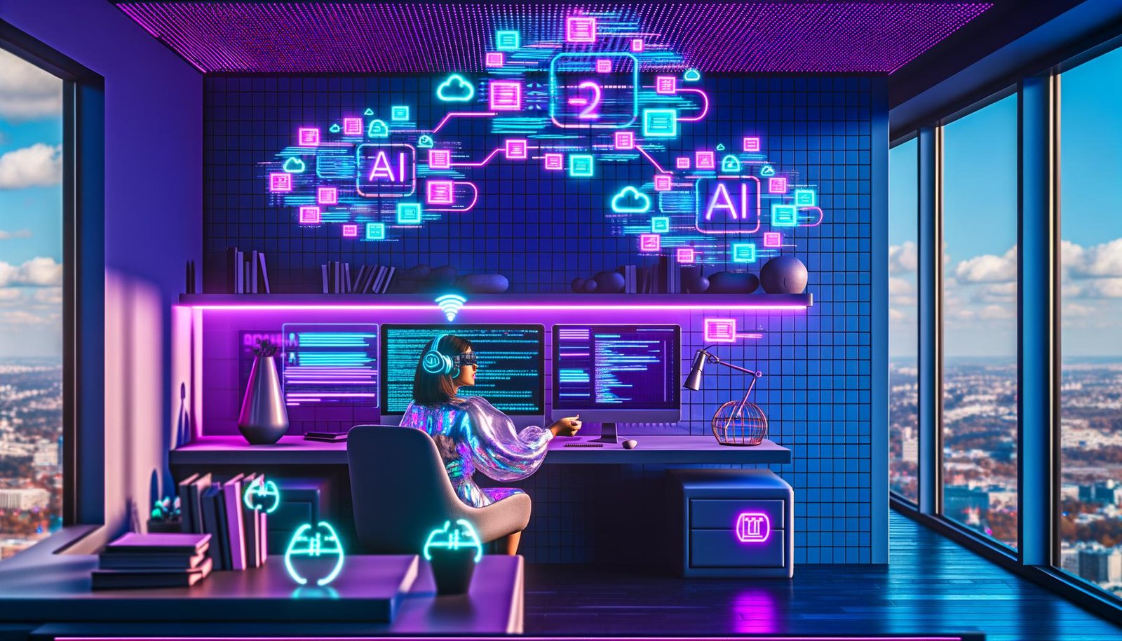Futuristischer Arbeitsplatz mit Digital Creator an einem Schreibtisch, umgeben von holografischen Interfaces, leuchtendem Code, KI-Icons und modernen Geräten in blau-violettem Licht.
