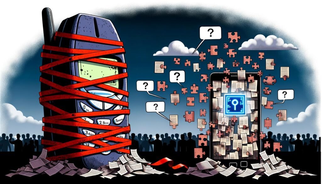 Satirische digitale Illustration mit altem Nokia-Handy im Papierchaos, moderner Smartphone mit digitaler Identitäts-Chip, getrennt durch Puzzlestücke Datenschutz, Kompatibilität, Akzeptanz und skeptischen Bürgern.