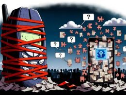 Satirische digitale Illustration mit altem Nokia-Handy im Papierchaos, moderner Smartphone mit digitaler Identitäts-Chip, getrennt durch Puzzlestücke Datenschutz, Kompatibilität, Akzeptanz und skeptischen Bürgern.