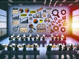 Szenische Darstellung eines digitalen Marketingbüros mit Content-Strategen, die an Laptops Analytics auswerten; im Vordergrund helle, erfolgreiche Ergebnisse, im Hintergrund verblasste, verstaubte Entwürfe.