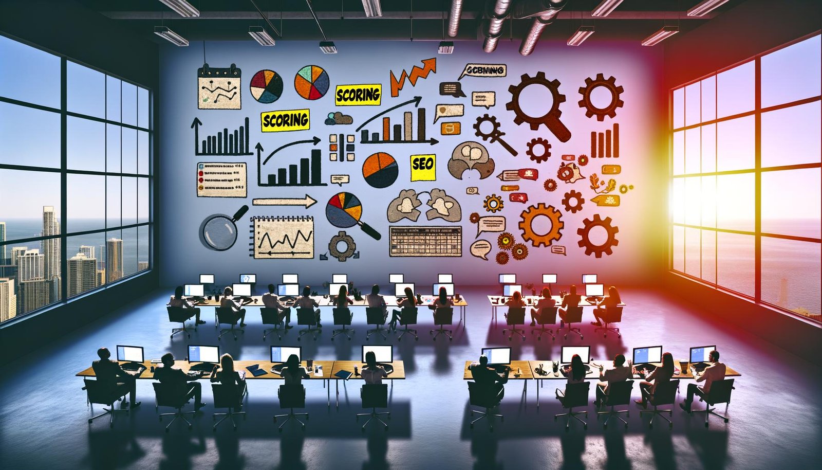 Szenische Darstellung eines digitalen Marketingbüros mit Content-Strategen, die an Laptops Analytics auswerten; im Vordergrund helle, erfolgreiche Ergebnisse, im Hintergrund verblasste, verstaubte Entwürfe.