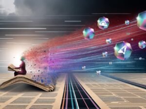 Visionäre Person sitzt vor großem, buntem Bildschirm mit digitalem Code und AI-Symbolen, während alte Zeitungsseiten und CMS-Layouts im Hintergrund zu Staub zerfallen.